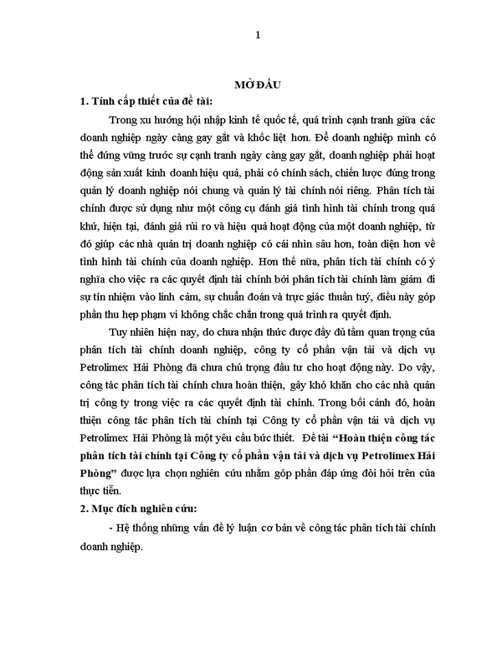 Hoàn thiện công tác phân tích tài chính tại Công ty cổ phần vận tải và dịch vụ Petrolimex Hải Phòng