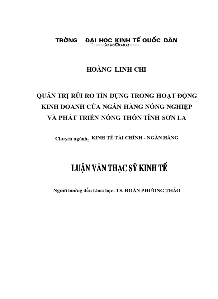 Quản trị rủi ro tín dụng trong hoạt động kinh doanh của ngân hàng nông nghiệp và phát triển nông thôn tỉnh sơn la