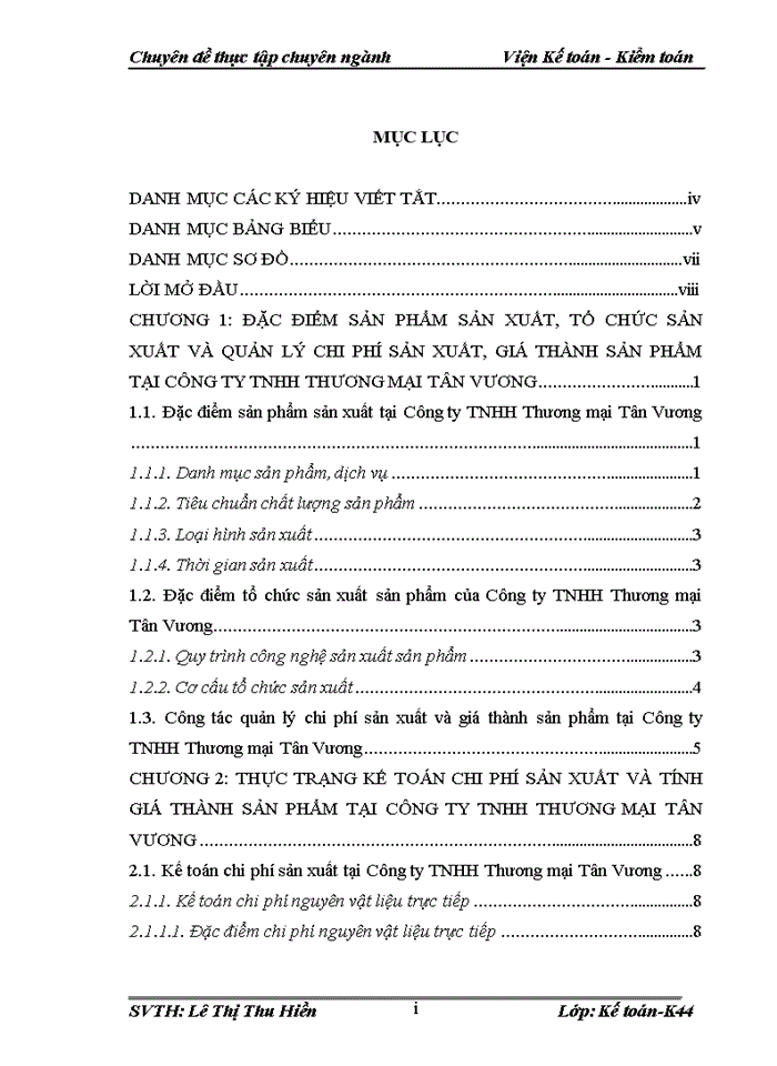 Hoàn thiện kế toán chi phí sản xuất và tính giá thành sản phẩm tại công ty tnhh thương mại tân vương
