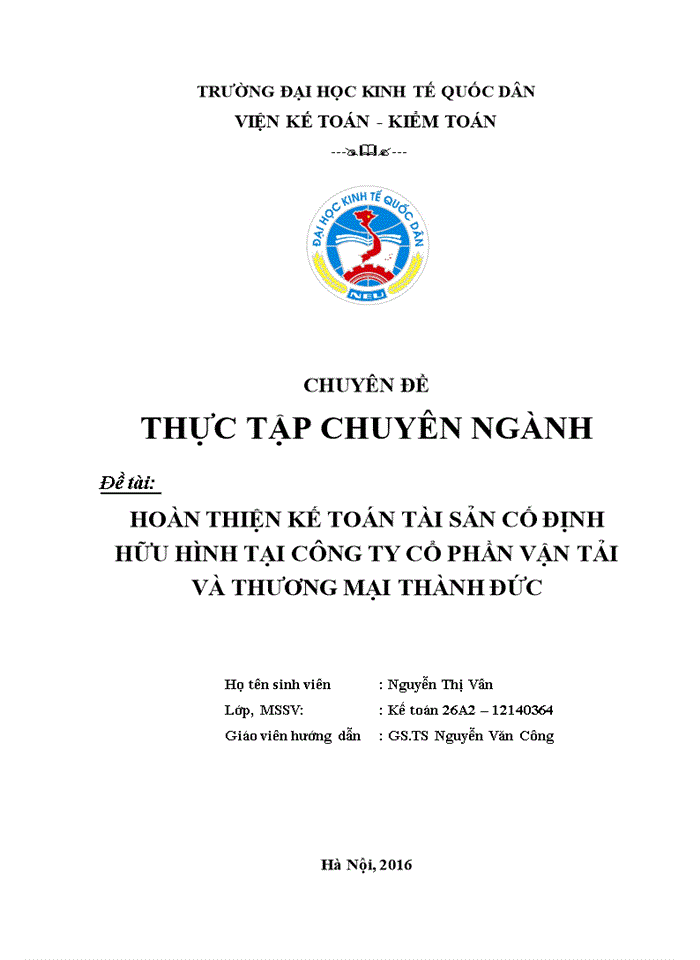 Hoàn thiện kế toán tài sản cố định hữu hình tại công ty cổ phần vận tải và thương mại thành đức