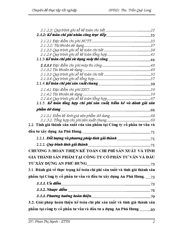 Hoàn thiện kế toán chi phí sản xuất và tính giá thành sản phẩm xây lắp tại Công ty Cổ phần Tư vấn và đầu tư xây dựng An Phú Hưng