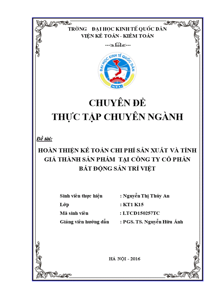 Hoàn thiện kế toán chi phí sản xuất và tính giá thành sản phẩm  tại công ty cổ phần bất động sản trí việt