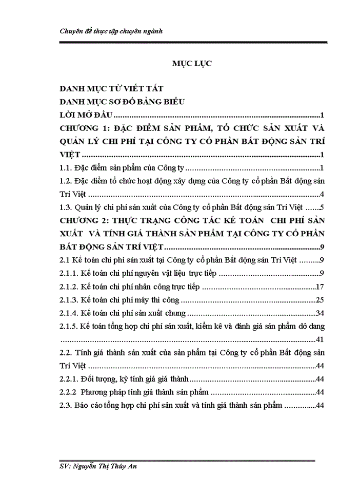 Hoàn thiện kế toán chi phí sản xuất và tính giá thành sản phẩm  tại công ty cổ phần bất động sản trí việt