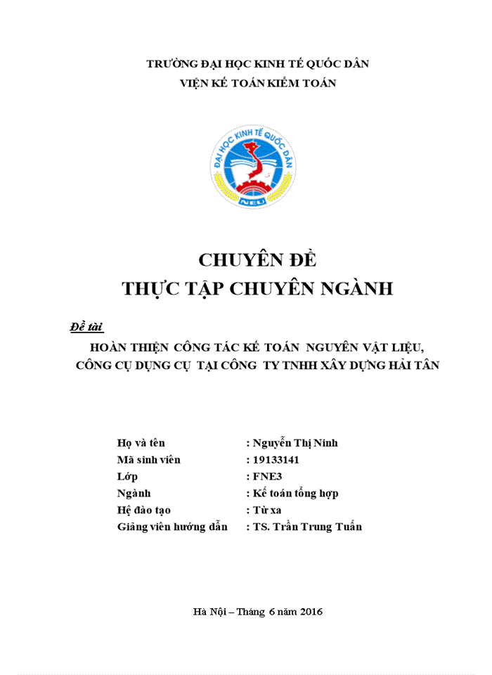 Hoàn thiện công tác kế toán  nguyên vật liệu, công cụ dụng cụ  tại công  ty tnhh xây dựng hải tân