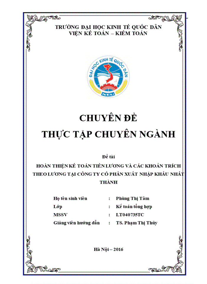 Hoàn thiện kế toán tiền lương và các khoản trích theo lương tại công ty cổ phần xuất nhập khẩu nhất thành