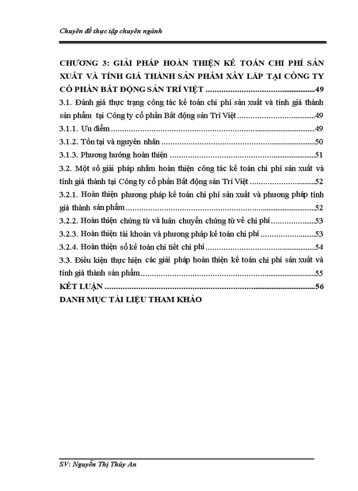 Hoàn thiện kế toán chi phí sản xuất và tính giá thành sản phẩm xây lắp tại công ty cổ phần bất động sản trí việt