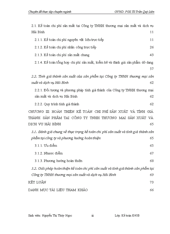 Hoàn thiện Kế toán  chi phí sản xuất và tính giá thành sản phẩm tại Công ty TNHH thương mại sản xuất và dịch vụ Hải Bình
