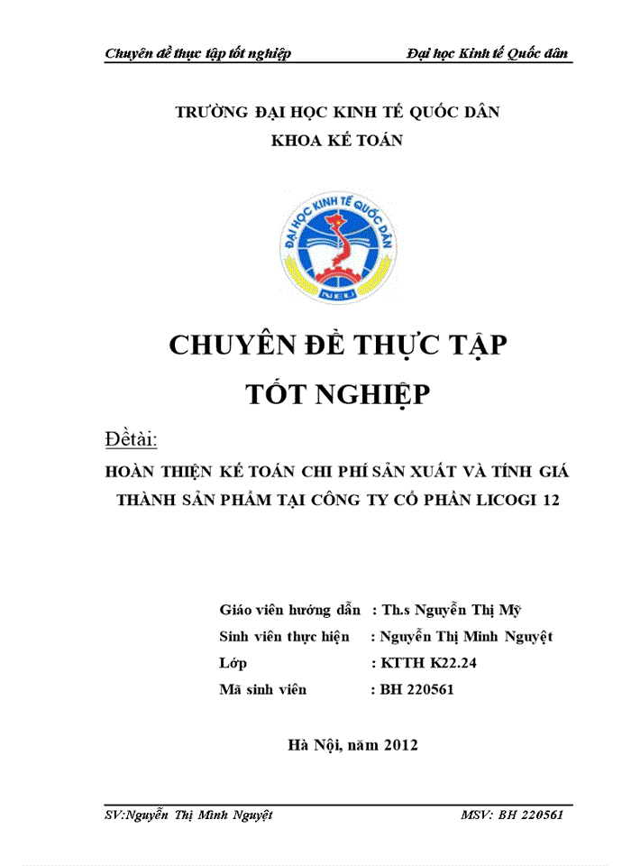 Hoàn thiện kế toán chi phí sản xuất và tính giá thành sản phẩm tại công ty cổ phần LICOGI 12