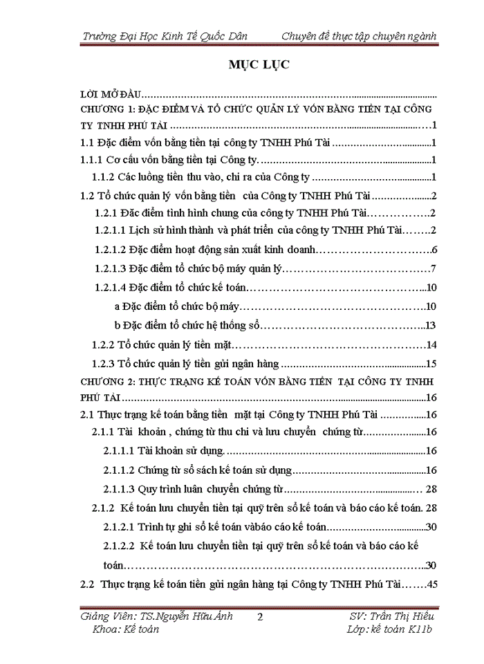 Hoàn thiện kế toán vốn bằng tiền tại công ty TNHH Phú Tài