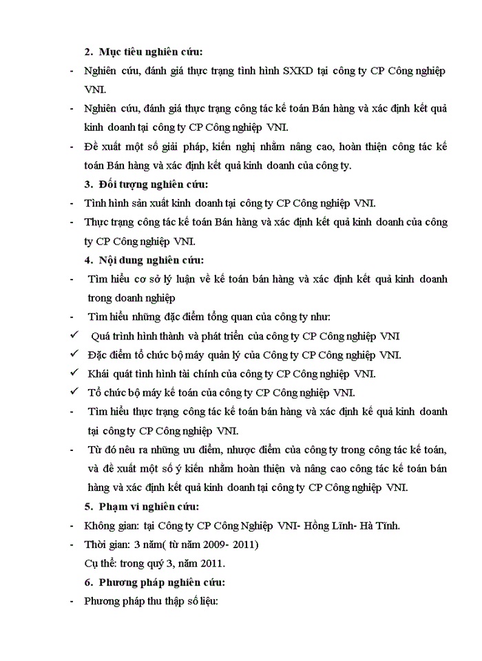 Nghiên cứu công tác kế toán bán hàng và xác định kết quả kinh doanh tại Công ty CP Công Nghiệp VNI- Hồng Lĩnh- Hà Tĩnh