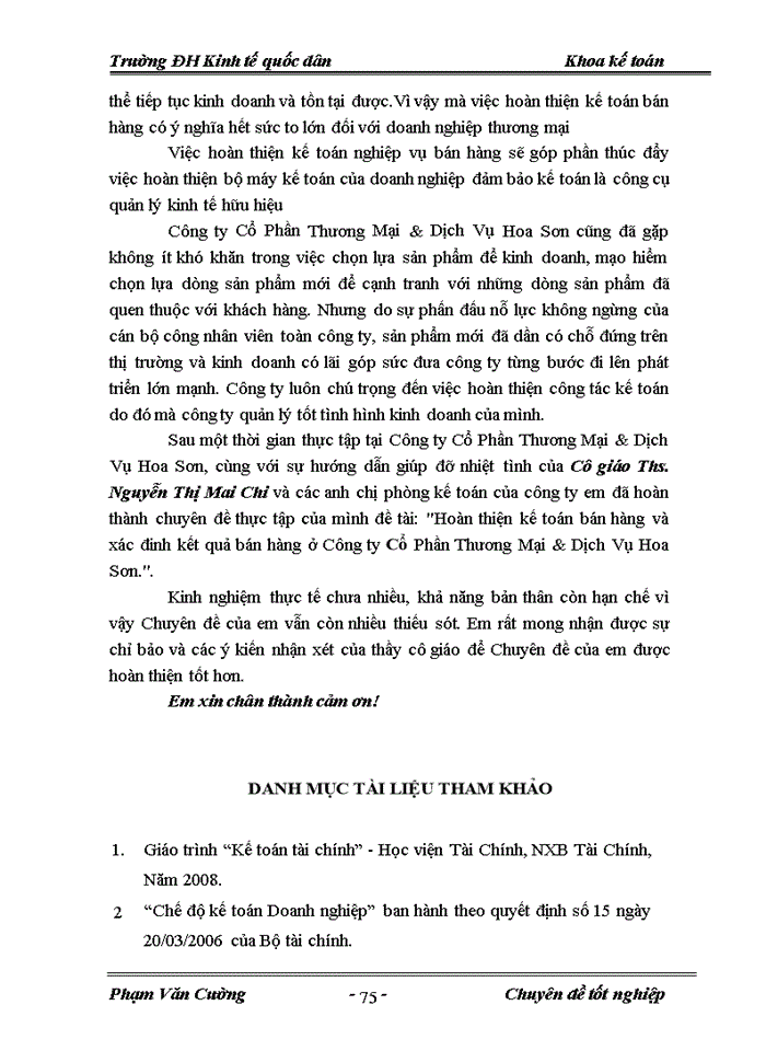 image for page Hoàn thiện kế toán bán hàng và xác định kết quả bán hàng tại Công ty Cổ Phần Thương Mại và Dịch Vụ Hoa Sơn