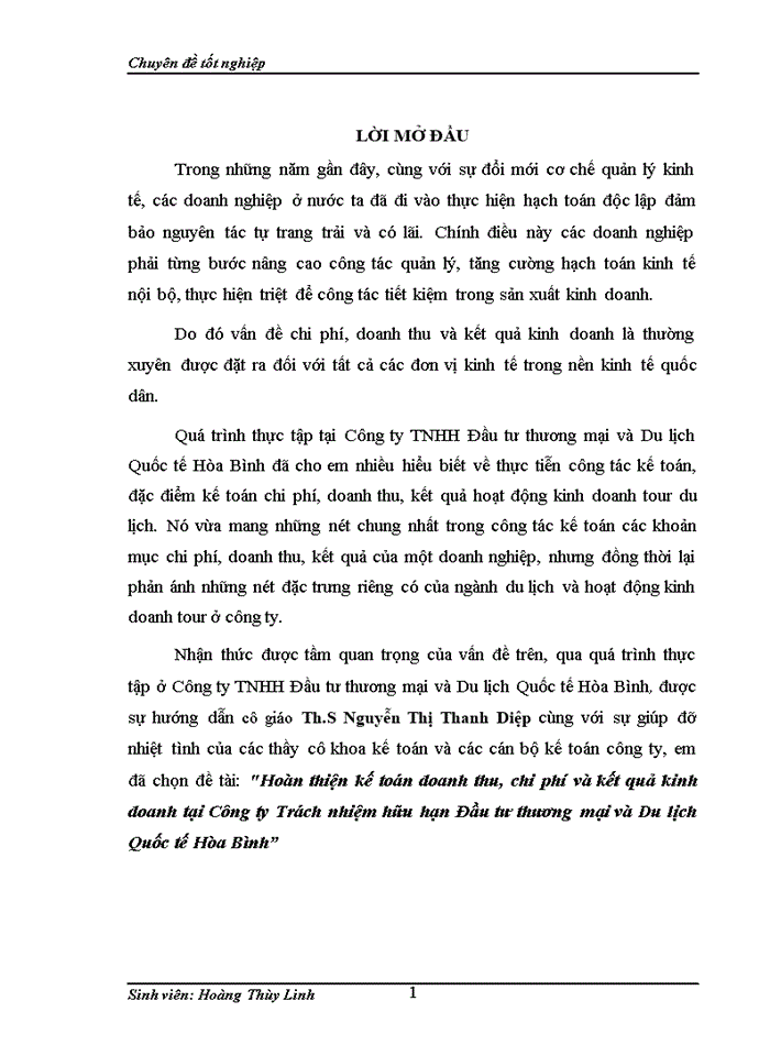 Hoàn thiện kế toán doanh thu, chi phí và kết quả kinh doanh tại Công ty Trách nhiệm hữu hạn Đầu tư thương mại và Du lịch Quốc tế Hòa Bình