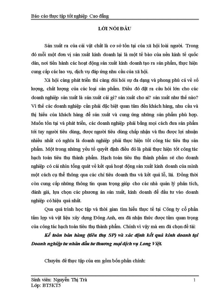 image for page Kế toán bán hàng (tiêu thụ SP) và xác định kết quả kinh doanh tại Doanh nghiệp tư nhân đầu tư thương mại dịch vụ Long Việt