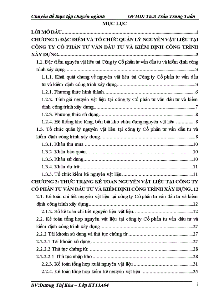 Hoàn thiện kế toán nguyên vật liệu  tại công ty cổ phần tư vấn và kiểm định công trình xây dựng
