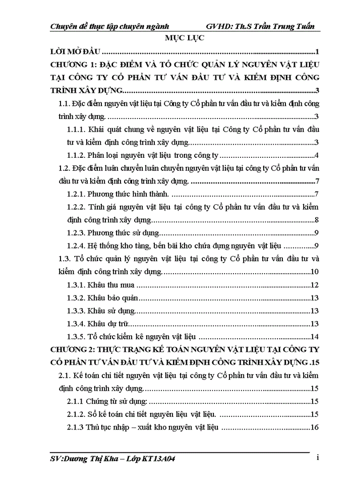 Hoàn thiện kế toán nguyên vật liệu  tại công ty cổ phần tư vấn đầu tư và kiểm định công trình xây dựng