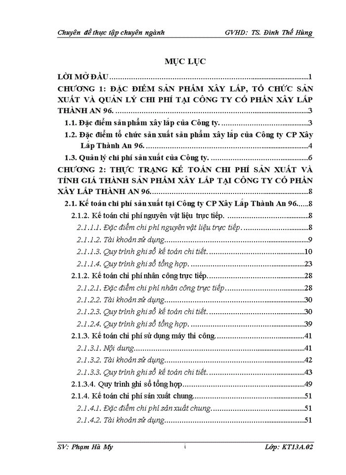 Hoàn thiện kế toán chi phí sản xuất và tính giá thành sản phẩm xây lắp tại công ty cổ phần xây lắp THÀNH AN 96