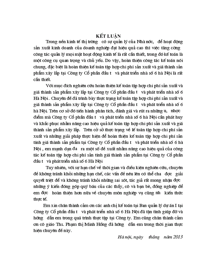 image for page Hoàn thiện kế toán tập hợp chi phí sản xuất và tính giá thành sản phẩm xây lắp tại Công ty cổ phần đầu tư và phát triển nhà số 6 Hà Nội