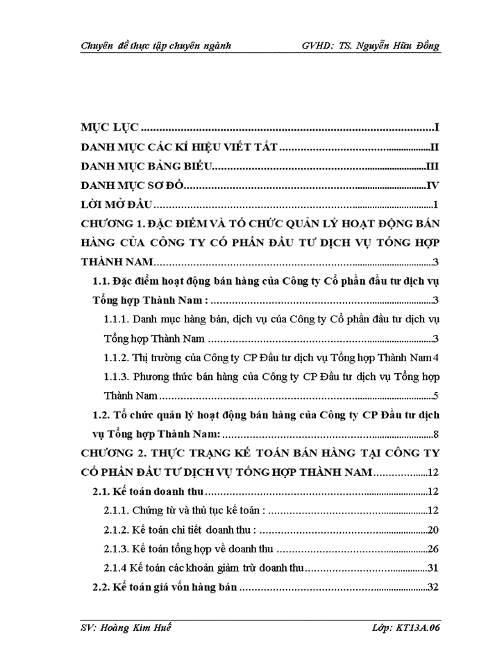 Hoàn thiện công tác kế toán bán hàng tại công ty Cổ phần Đầu tư Dịch vụ Tổng Hợp Thành Nam