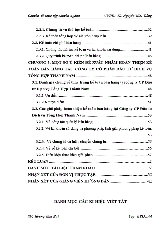 Hoàn thiện công tác kế toán bán hàng tại công ty Cổ phần Đầu tư Dịch vụ Tổng Hợp Thành Nam