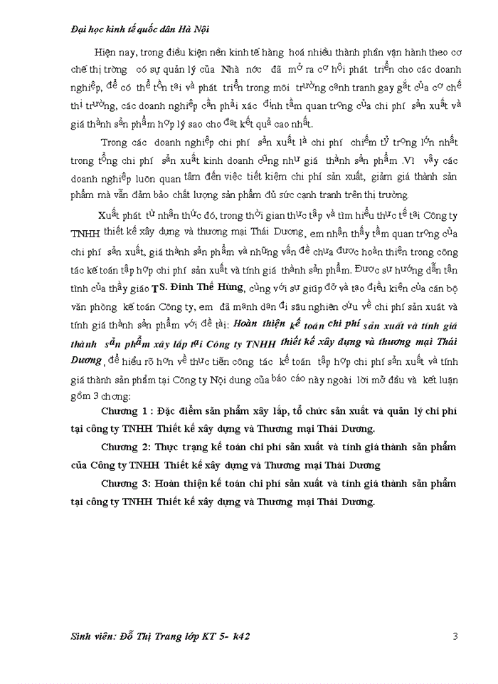 Hoàn thiện kế to¸n chi phí s¶n xuÊt vµ tÝnh gi¸ thµnh  sản phẩm x©y l¾p tại C«ng ty TNHH thiết kế xây dựng và thương mại Thái Dương