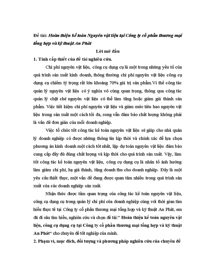 Hoàn thiện kế toán Nguyên vật liệu tại Công ty cổ phần thương mại tổng hợp và kỹ thuật An Phát