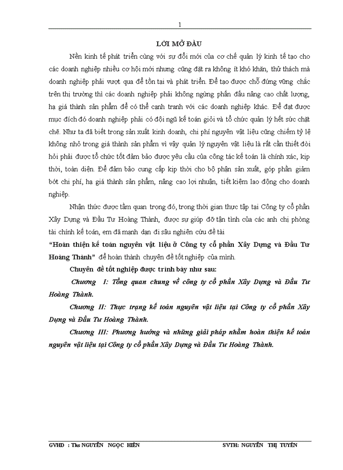 image for page Hoàn thiện kế toán nguyên vật liệu ở Công ty cổ phần Xây Dựng và Đầu Tư Hoàng Thành