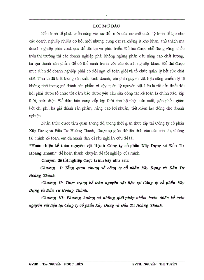 image for page Hoàn thiện kế toán nguyên vật liệu ở Công ty cổ phần Xây Dựng và Đầu Tư Hoàng Thành