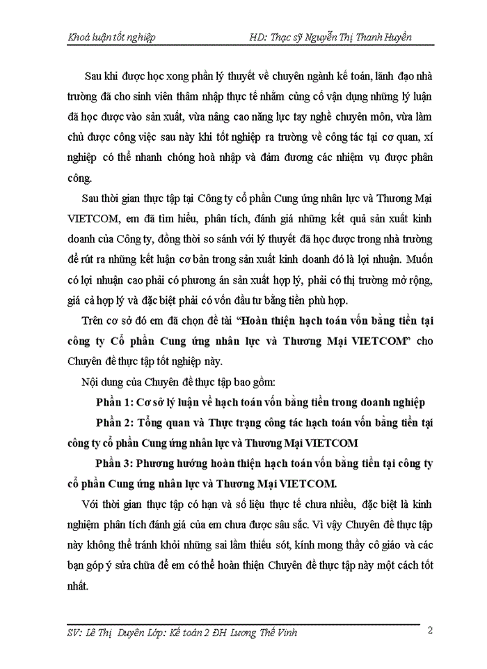 Hoàn thiện hạch toán vốn bằng tiền tại công ty cổ phần cung ứng nhân lực và thương mại vietcom