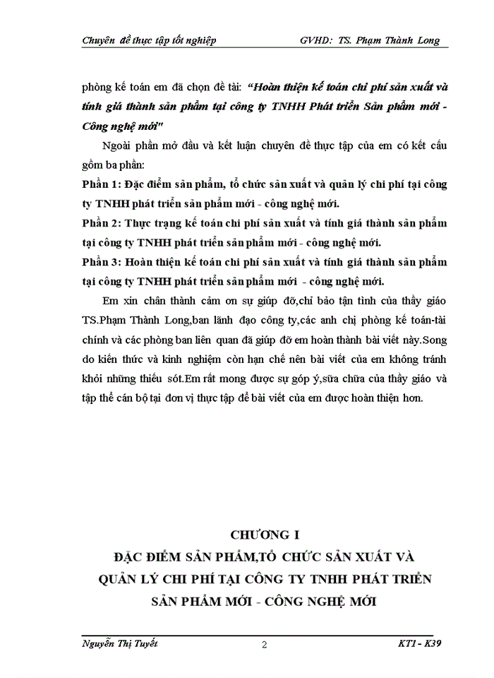 Hoàn thiện kế toán chi phí sản xuất và tính giá thành sản phẩm tại công ty TNHH Phát triển Sản phẩm mới - Công nghệ mới
