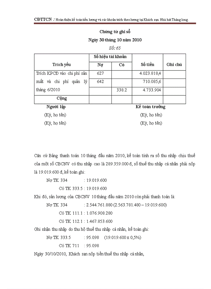 image for page Hoàn thiện kế toán tiền lương và các khoản trích theo lương tại Khách sạn  Nhà hát Thăng long.