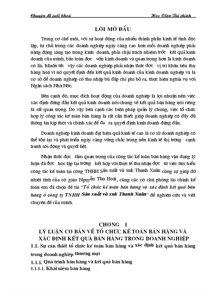 Tổ chức kế toán bán hàng và xác định kết quả bán hàng ở công ty TNHH Sản xuất và xnk Thanh Xuân