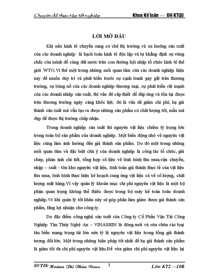 Hoàn thiện kế toán nguyên vật liệu tại Công ty Cổ Phần Vận Tải Công Nghiệp Tàu Thuỷ Nghệ An- VINASHIN