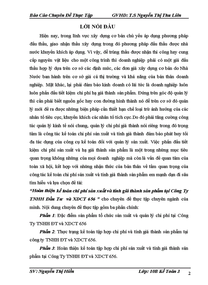 Hoàn thiện kế toán chi phí sản xuất và tính giá thành sản phẩm tại Công Ty TNHH Đầu Tư  và XDCT 656