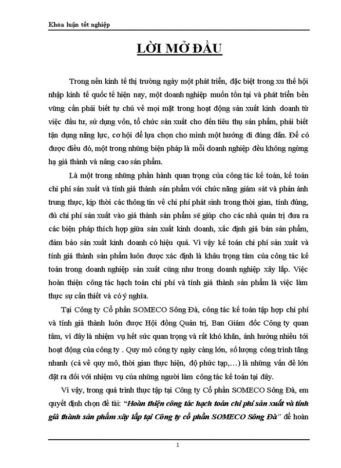 image for page Hoàn thiện công tác hạch toán chi phí sản xuất và tính giá thành sản phẩm xây lắp tại Công ty cổ phần SOMECO Sông Đà