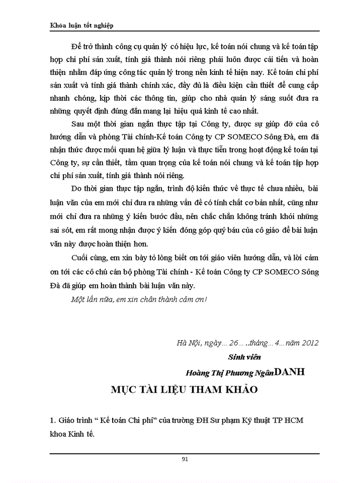 image for page Hoàn thiện công tác hạch toán chi phí sản xuất và tính giá thành sản phẩm xây lắp tại Công ty cổ phần SOMECO Sông Đà