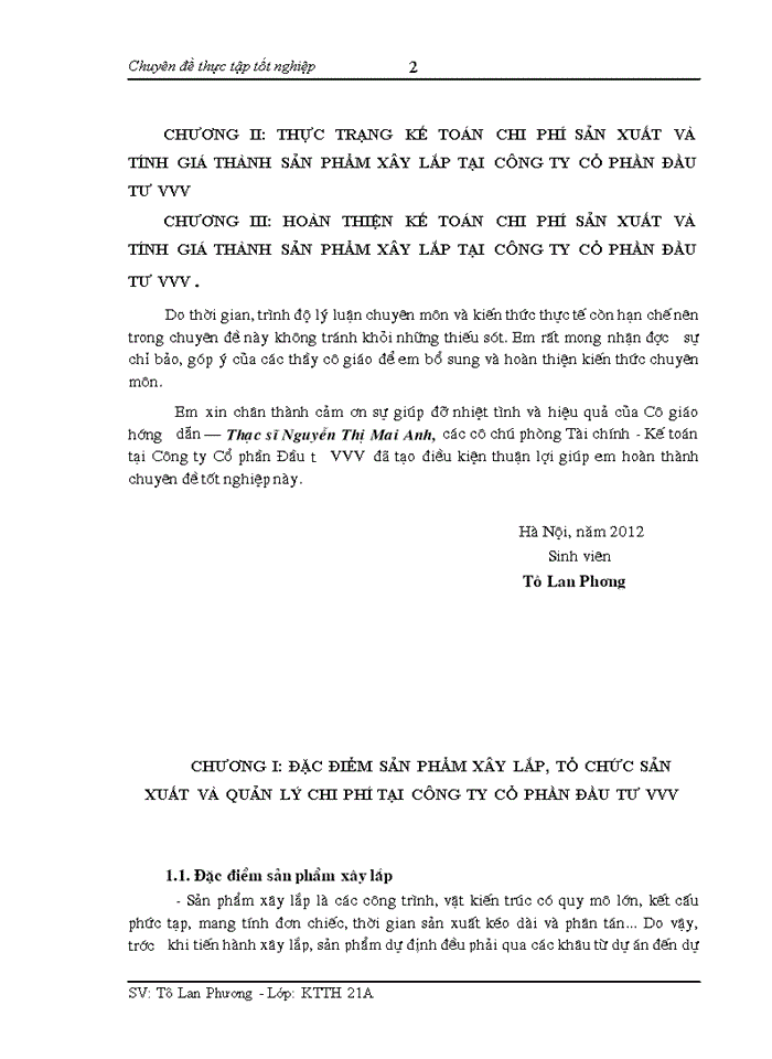 Hoàn thiện kế toán chi phí sản xuất và tính giá thành sản phẩm xây lắp tại Công ty Cổ phần Đầu tư VVV