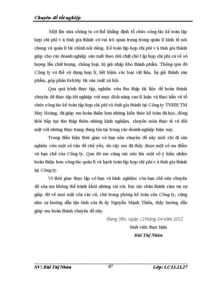 image for page Tổ chức công tác kế toán tập hợp chi phí sản xuất và tính giá thành sản phẩm tại Công ty TNHH TM  Huy Hoàng