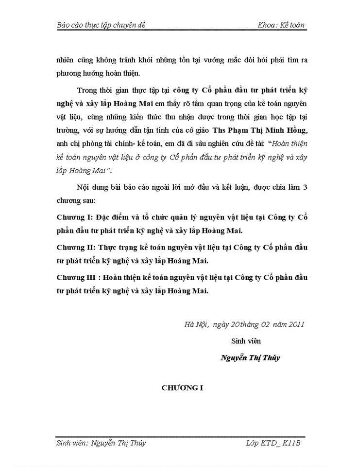 Hoàn thiện kế toán nguyên vật liệu ở công ty Cổ phần đầu tư phát triển kỹ nghệ và xây lắp Hoàng Mai