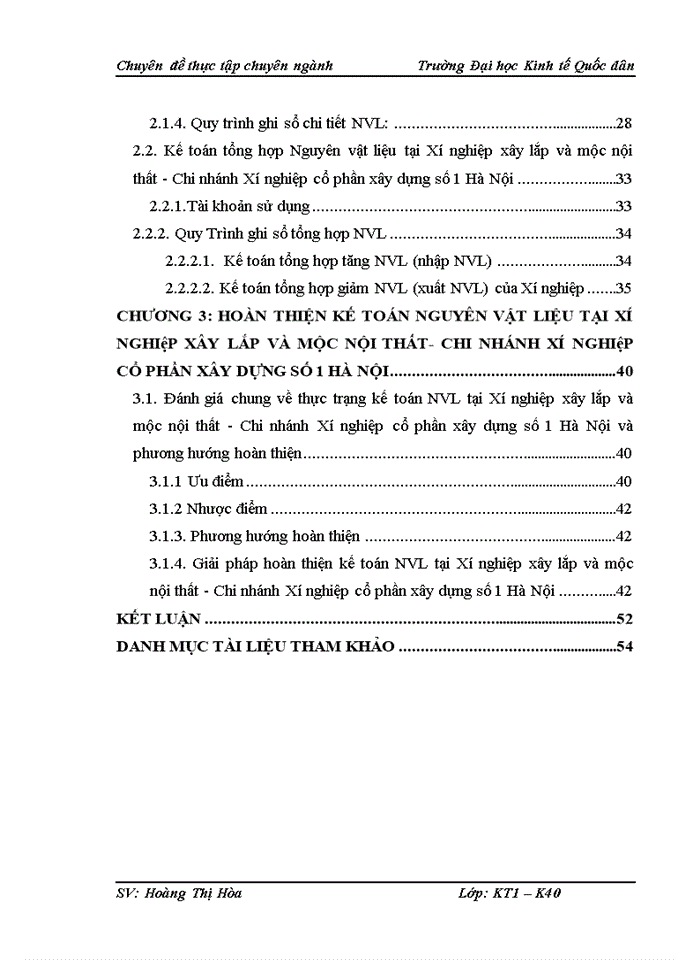 Hoàn thiện kế toán NVL tại Xí nghiệp xây lắp và mộc nội thất - Chi nhánh Công ty cổ phần xây dựng số 1 Hà Nội
