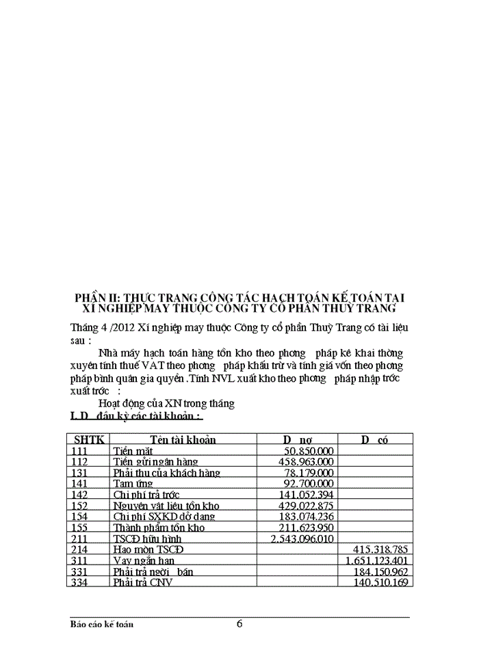 Thực trạng cụng tỏc hạch toỏn kế toỏn tổng hợp tại Xớ nghiệp may thuộc Cụng ty cổ phần Thuỳ Trang