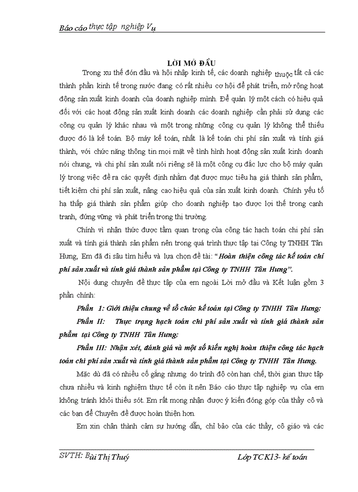 Hoàn thiện công tác kế toán chí phí sản xuất và tính giá thành sản phẩm tại Công ty TNHH Tân Hưng