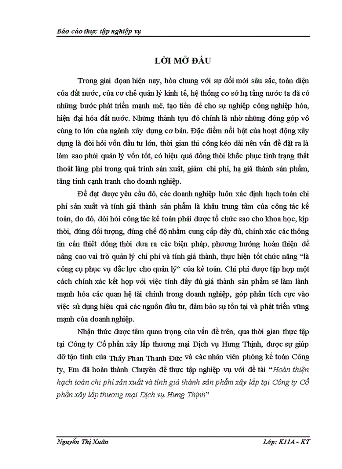 image for page Hoàn thiện hạch toán chi phí sản xuất và tính giá thành sản phẩm xây lắp tại Công ty Cổ phần xây lắp thương mại Dịch vụ Hưng Thịnh