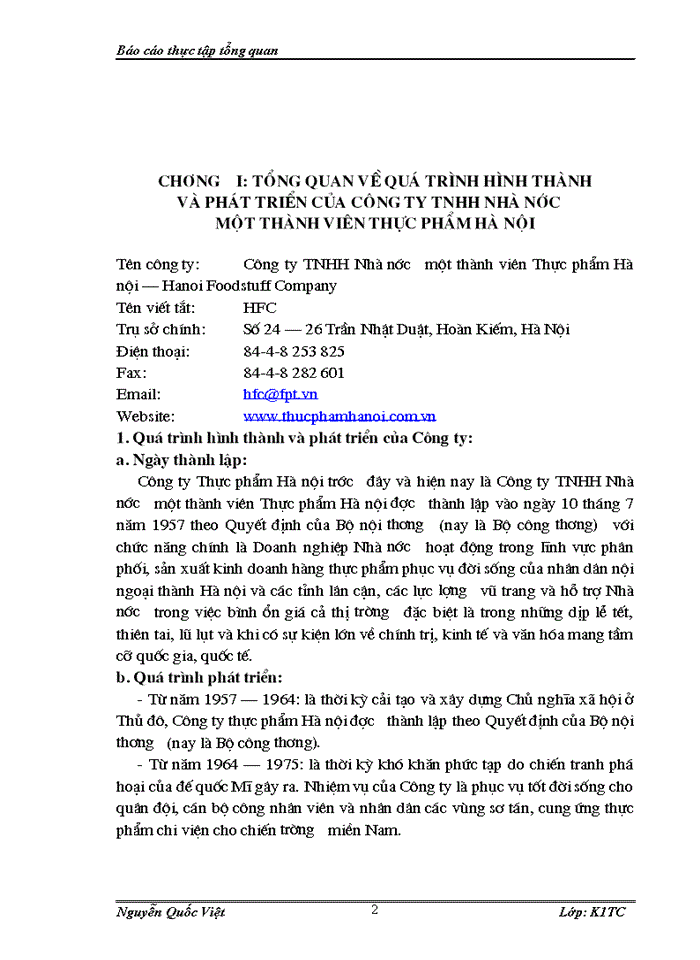 Thực trạng hoạt động sản xuất kinh doanh của Cụng ty TNHH Nhà nước một thành viờn Thực phẩm Hà nội.