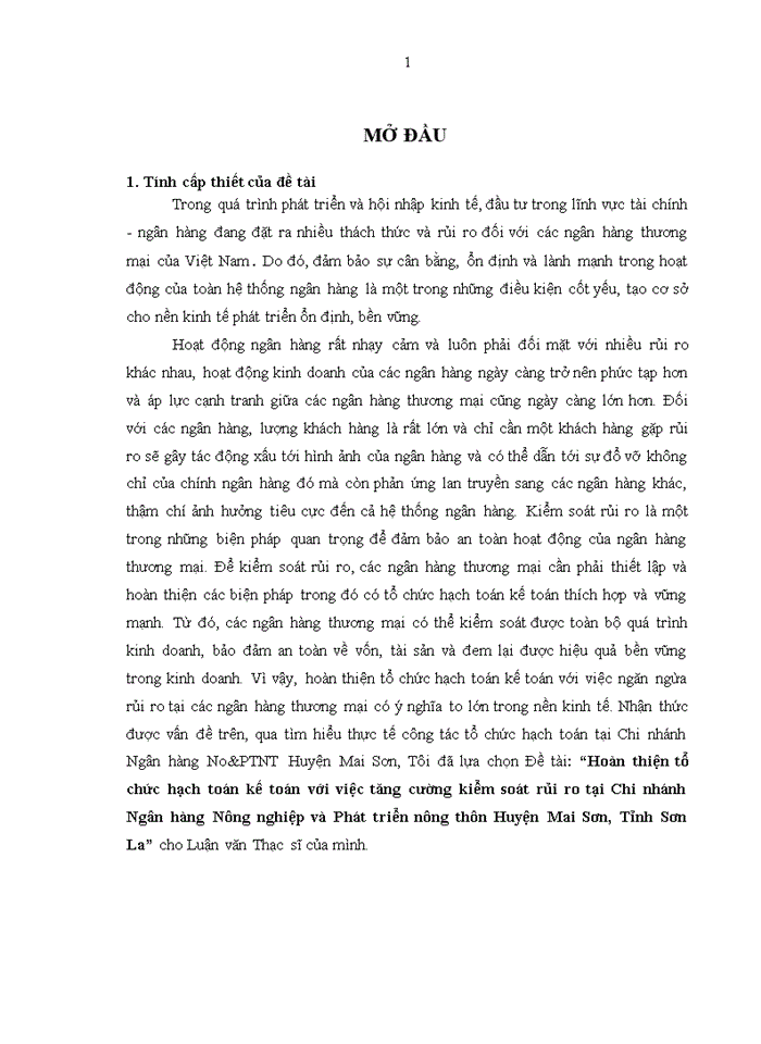 image for page Hoàn thiện tổ chức hạch toán kế toán với việc tăng cường kiểm soát rủi ro tại Chi nhánh Ngân hàng Nông nghiệp và Phát triển nông thôn Huyện Mai Sơn, Tỉnh Sơn La