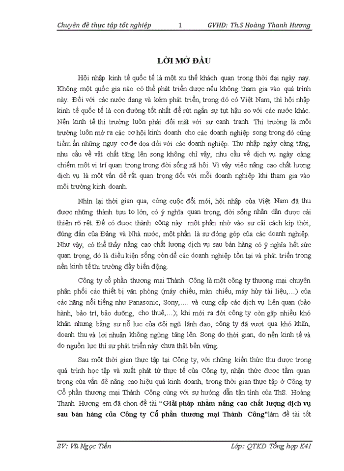 Giải pháp nhằm nâng cao chất lượng dịch vụ sau bán hàng của Công ty Cổ phần thương mại Thành Công