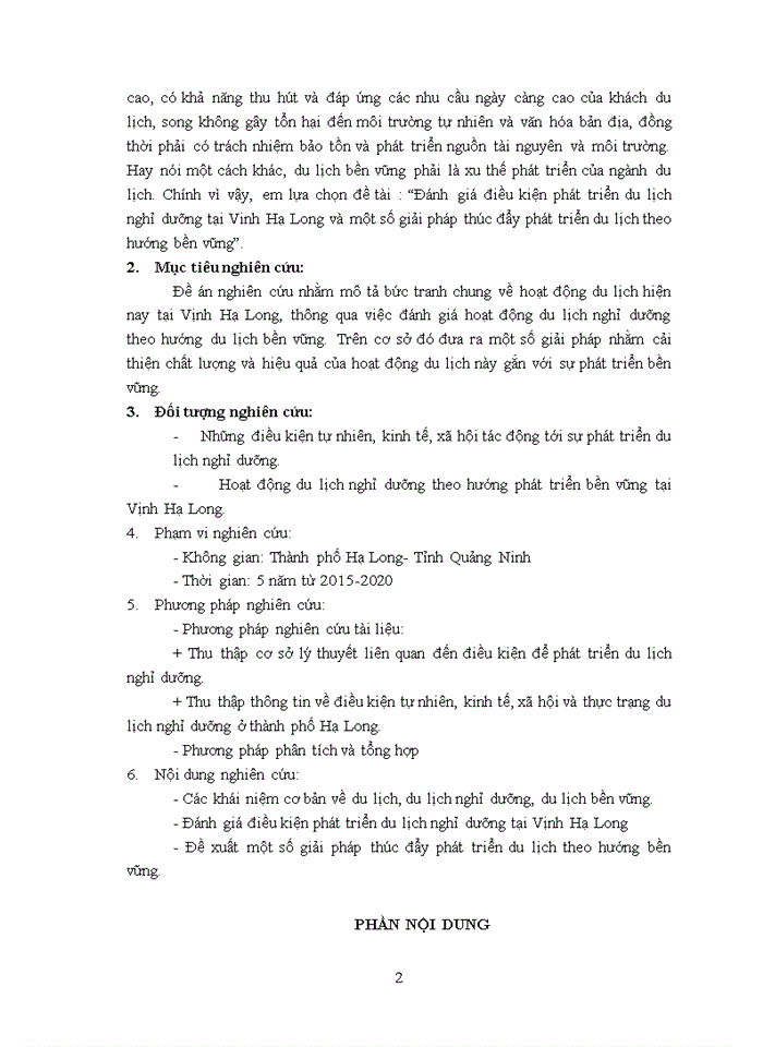 Đánh giá điều kiện phát triển du lịch nghỉ dưỡng tại Vinh Hạ Long và một số giải pháp thúc đẩy phát triển du lịch theo hướng bền vững