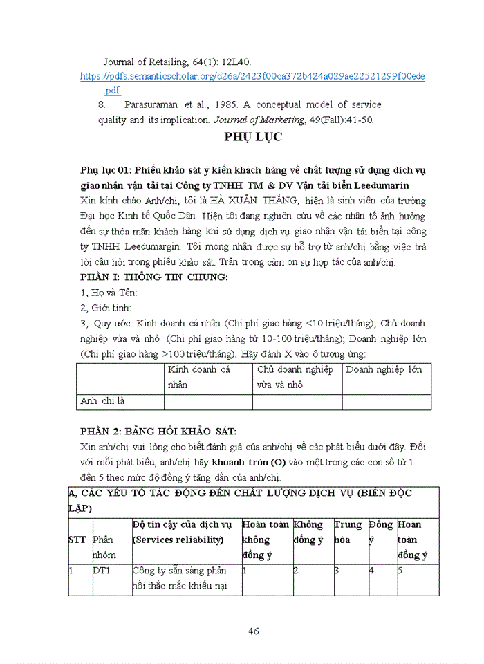 image for page Nâng cao sự hài lòng của khách hàng khi sử dụng dịch vụ giao nhận vận tải tại với Công ty TNHH TM &DV Vận tải biển Leedumarin