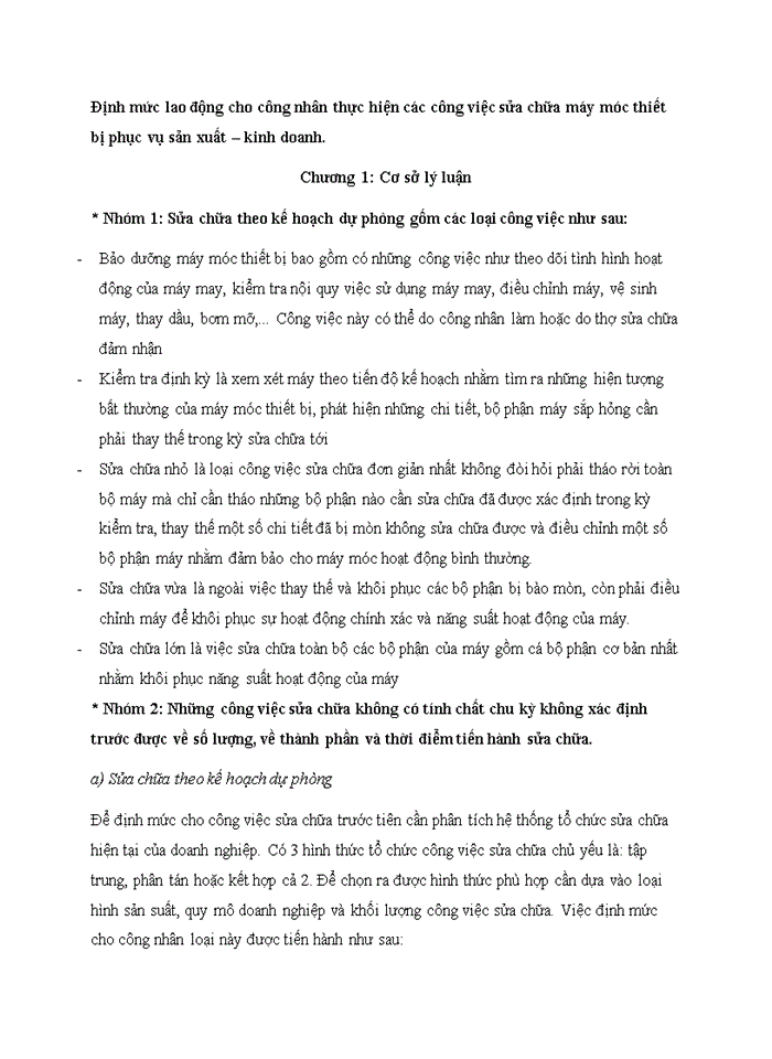 Định mức lao động cho công nhân thực hiện các công việc sửa chữa máy móc thiết bị phục vụ sản xuất – kinh doanh