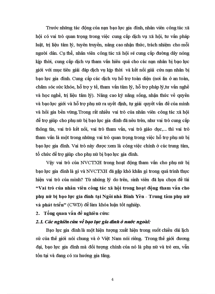 image for page Vai trò của nhân viên công tác xã hội trong hoạt động tham vấn cho phụ nữ bị bạo lực gia đình tại Ngôi nhà Bình Yên - Trung tâm phụ nữ và phát triển