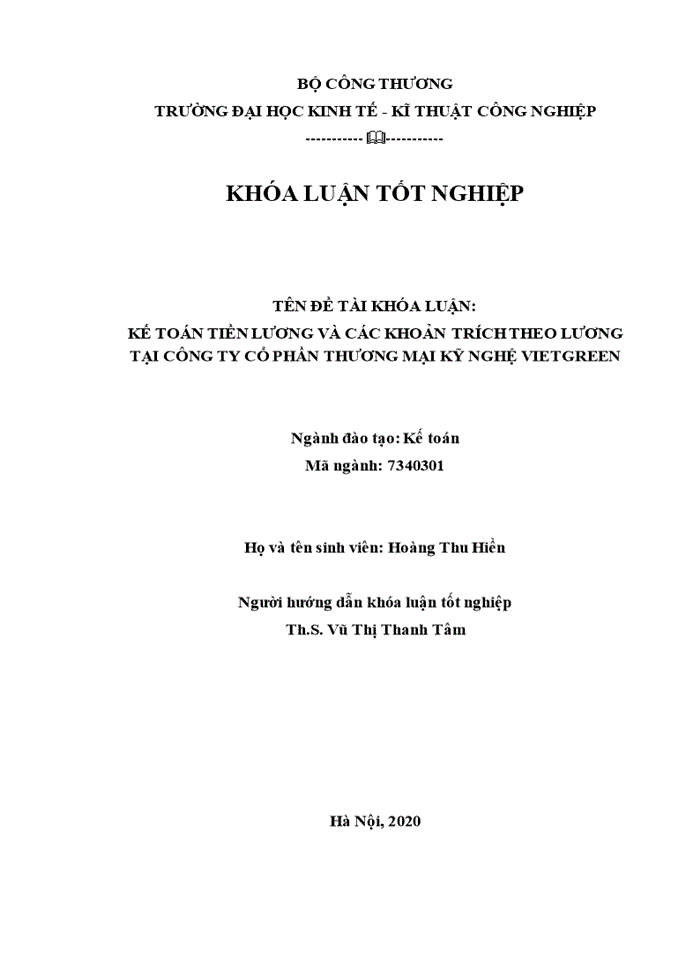image for page Kế toán tiền lương và các khoản trích theo lương tại Công ty CP Thương mại Kỹ nghệ Việt Green